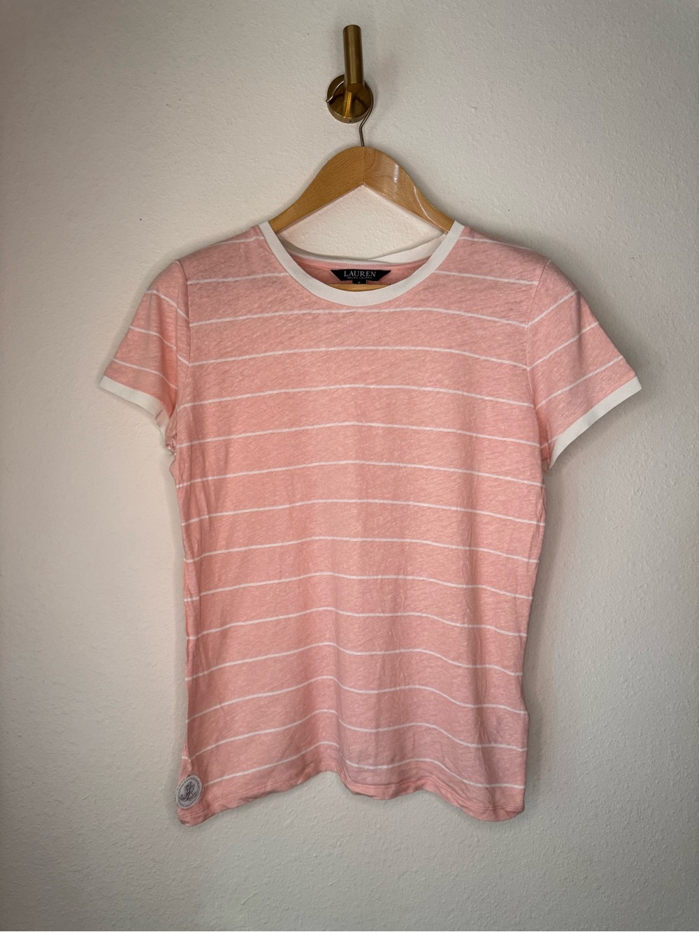 Lauren Ralph Lauren Pink & White Striped Linen Blend T-Shirt size M